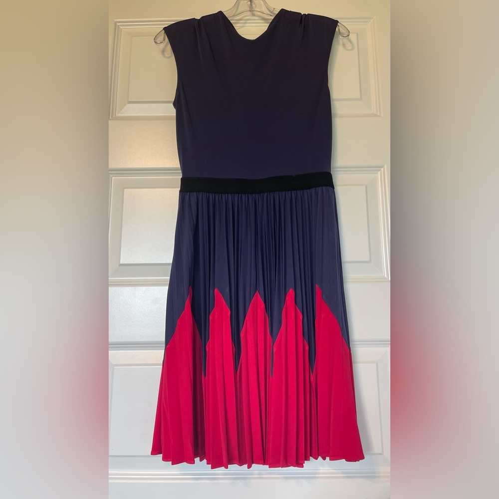 BCBG Paris Navy Blue and Raspberry Pleated Skirt Dress Size XS